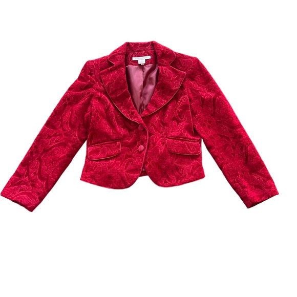 Nine West & Company Red Embossed Velvet Blazer Lined Velour Paisley 10P Jacket - Picture 1 of 10
